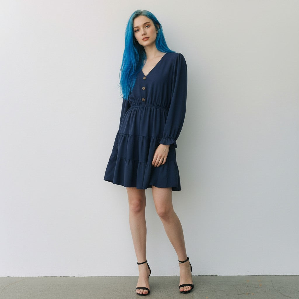 A woman with vibrant blue hair stands against a plain white wall wearing a navy blue tiered mini dress with long sleeves and brown buttons, paired with black strappy heels.