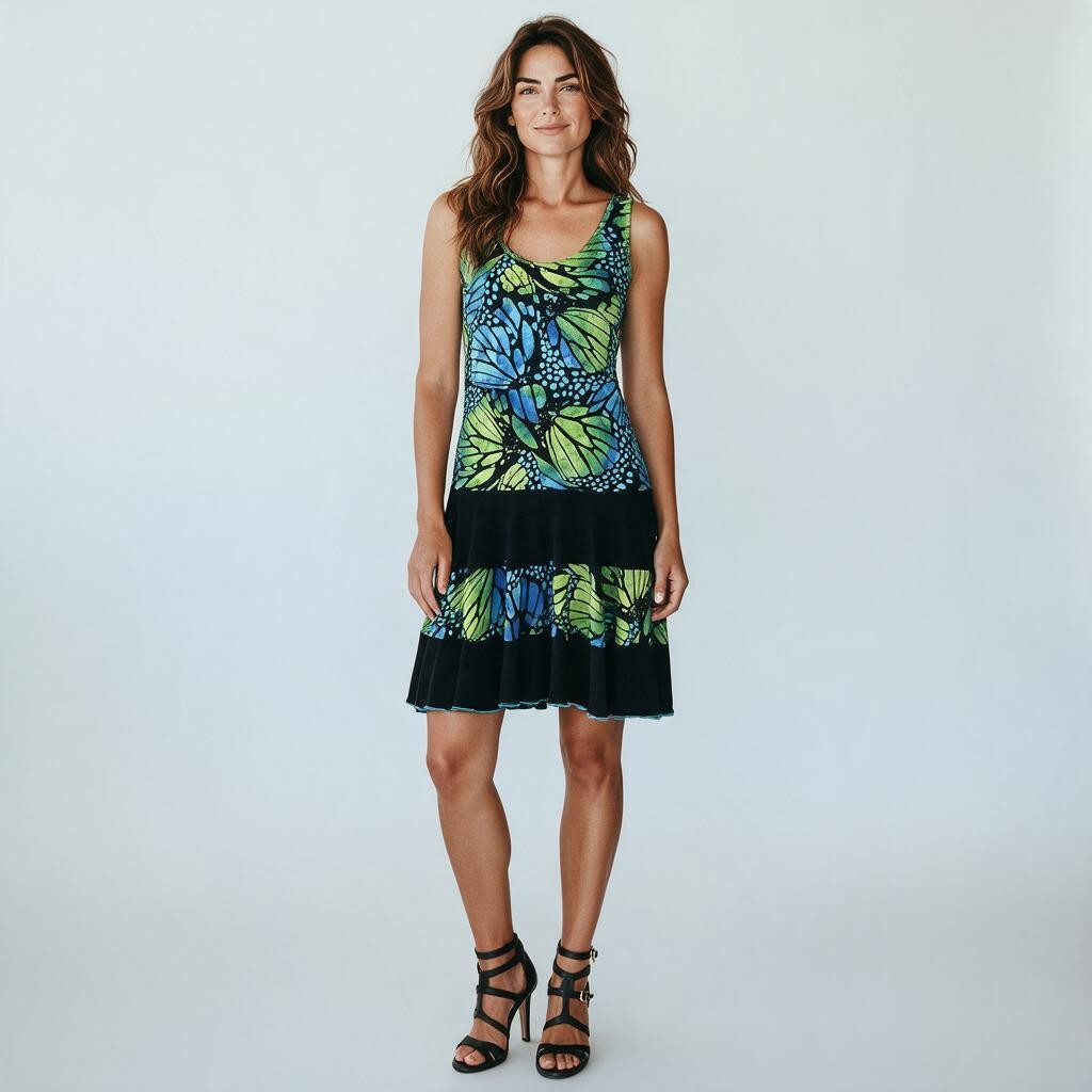 A woman modeling a sleeveless tiered dress with a green and blue butterfly print and solid black ruffle trim, paired with black strappy high-heeled sandals, against a light gray studio background.