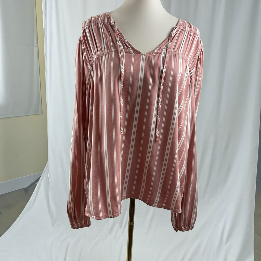 The Vertical Stripe Peasant Blouse Top in Dusty Rose & Cream by Falls Creek