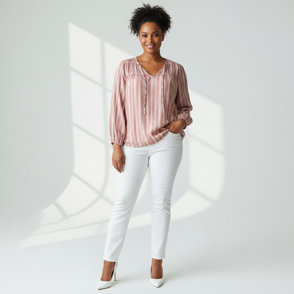 The Vertical Stripe Peasant Blouse Top in Dusty Rose & Cream by Falls Creek