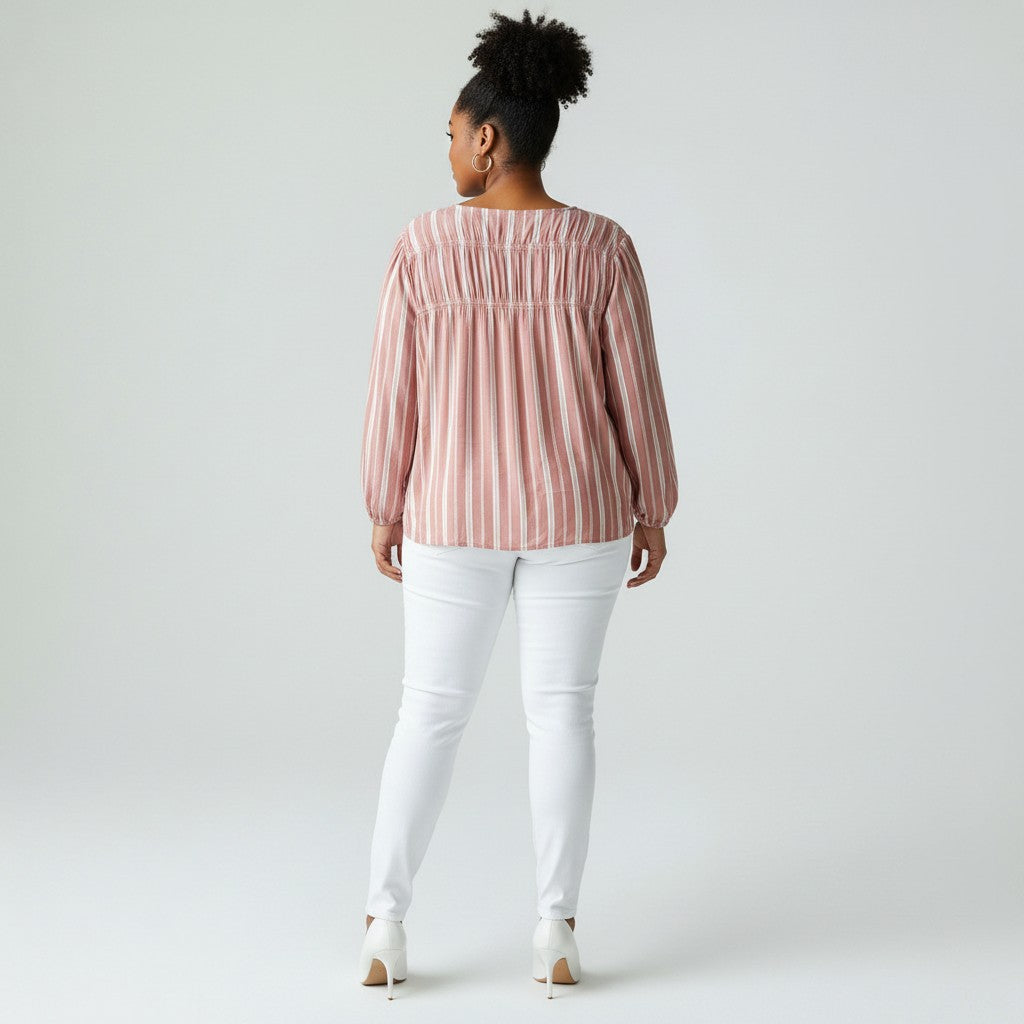 The Vertical Stripe Peasant Blouse Top in Dusty Rose & Cream by Falls Creek