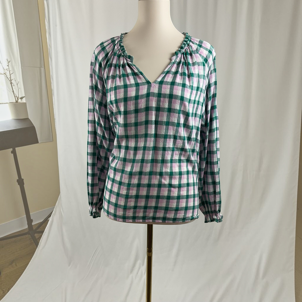 The Pink & Green Plaid Ruffle Neck Blouse Top by J.Crew