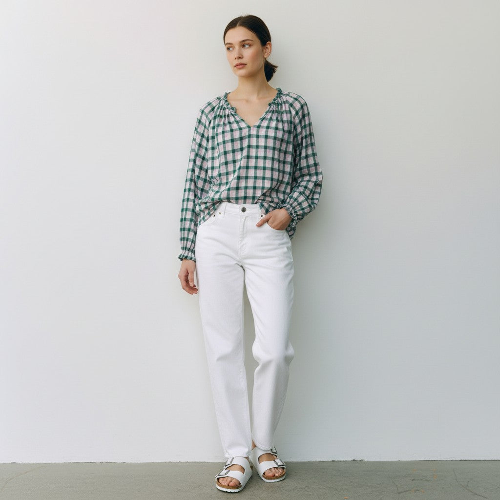 The Pink & Green Plaid Ruffle Neck Blouse Top by J.Crew
