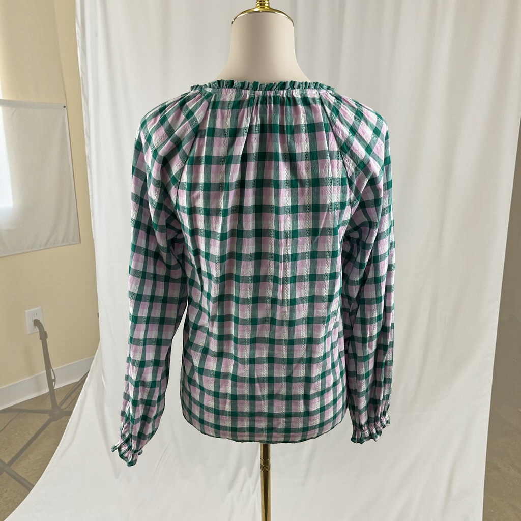 The Pink & Green Plaid Ruffle Neck Blouse Top by J.Crew