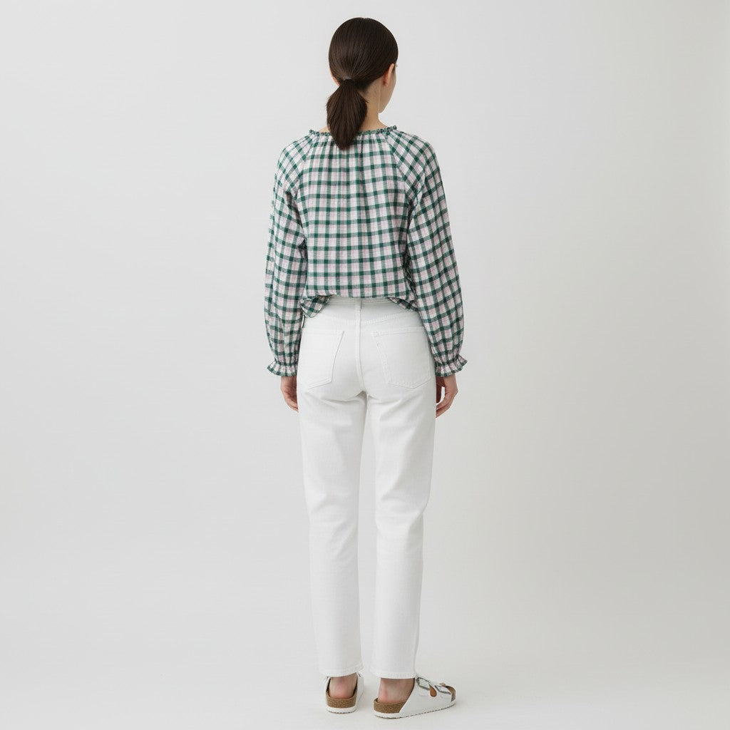 The Pink & Green Plaid Ruffle Neck Blouse Top by J.Crew