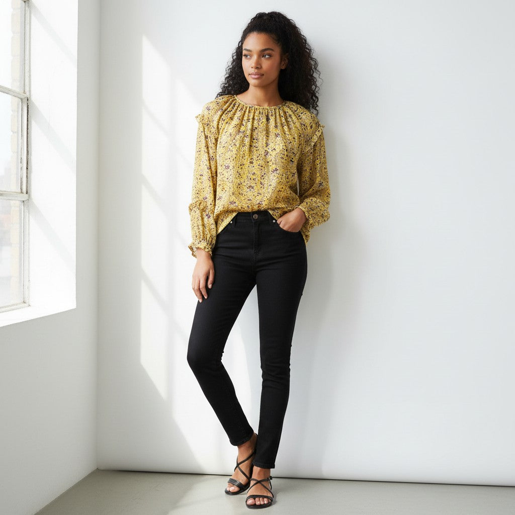 A woman is shown from the back wearing a yellow floral long-sleeve blouse and black pants against a light gray studio background.