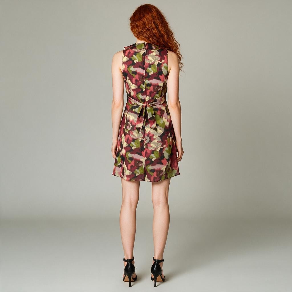 A sleeveless halter-neck dress with a tie waist, featuring a multicolor abstract floral pattern in red, green, pink, and beige, displayed on a mannequin against a white draped backdrop.