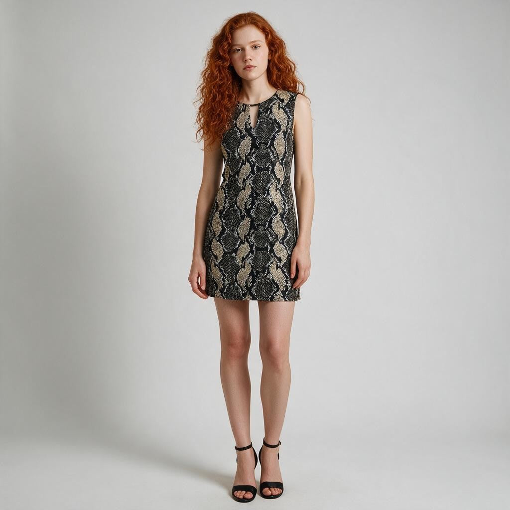 A sleeveless mini dress with a black and beige snakeskin pattern, worn by a model with red hair and black strappy heels against a light gray studio background.