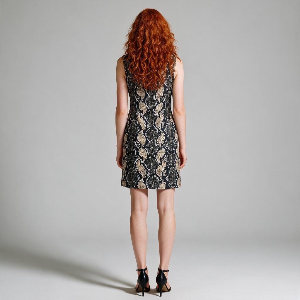 A woman with long, curly red hair is shown from behind wearing a sleeveless black dress with a beige and gray snakeskin pattern, paired with black high heels, against a neutral gray studio background.