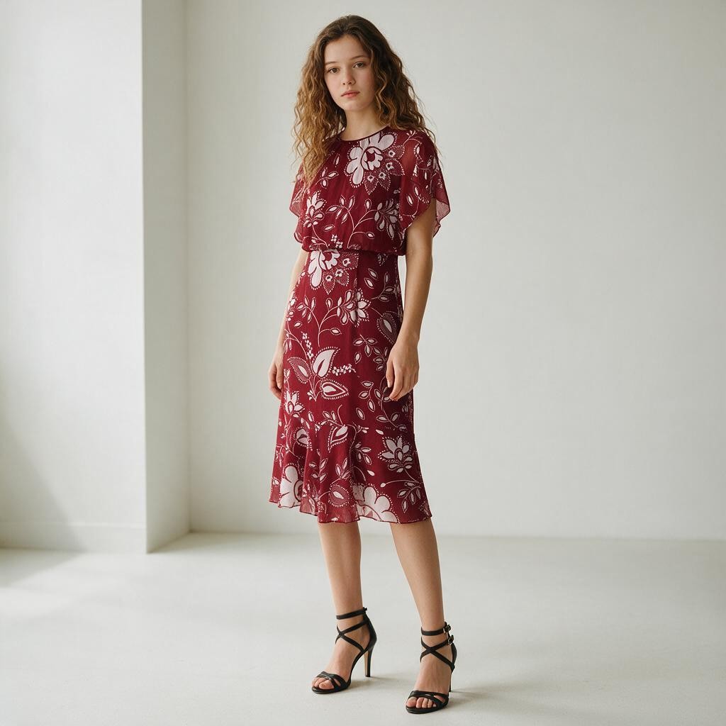 A woman modeling a short-sleeve midi dress with a red and white floral pattern, standing in a minimalist white studio setting.