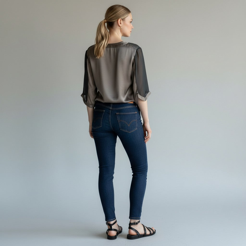 A woman modeling a loose, semi-sheer taupe-gray blouse with sheer three-quarter sleeves, paired with dark blue skinny jeans and black sandals, against a light gray studio background.