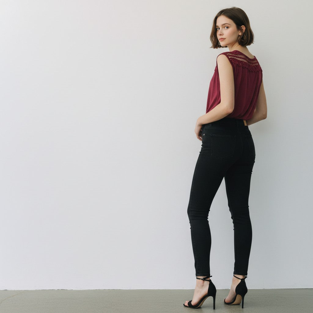A woman stands in profile against a plain light gray wall, wearing a sleeveless burgundy top, black skinny jeans, and black high-heeled sandals.
