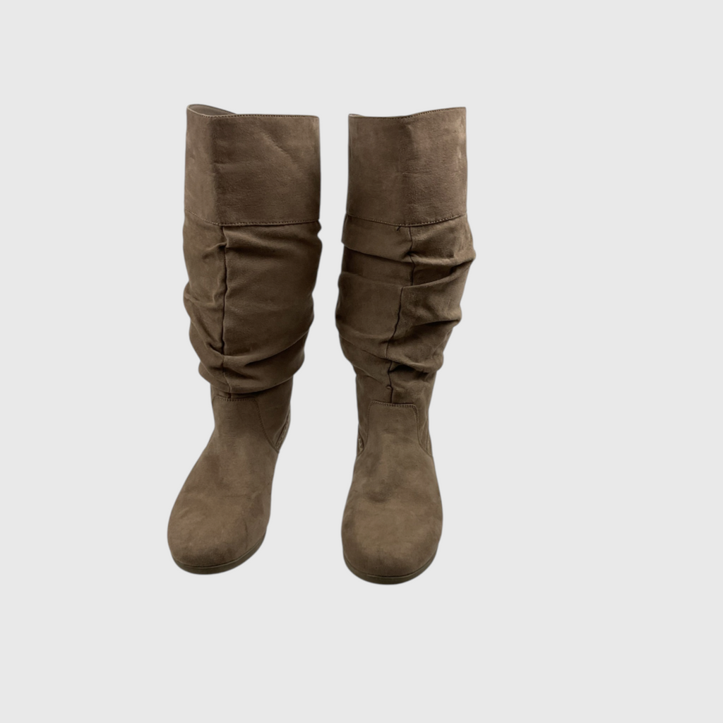 A pair of knee-high slouchy boots in a medium brown suede-like material, shown against a plain light gray background.