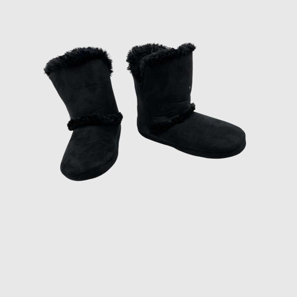 A pair of black slip-on slippers with plush faux-fur trim at the top and a matching band around the middle, shown on a light gray background.
