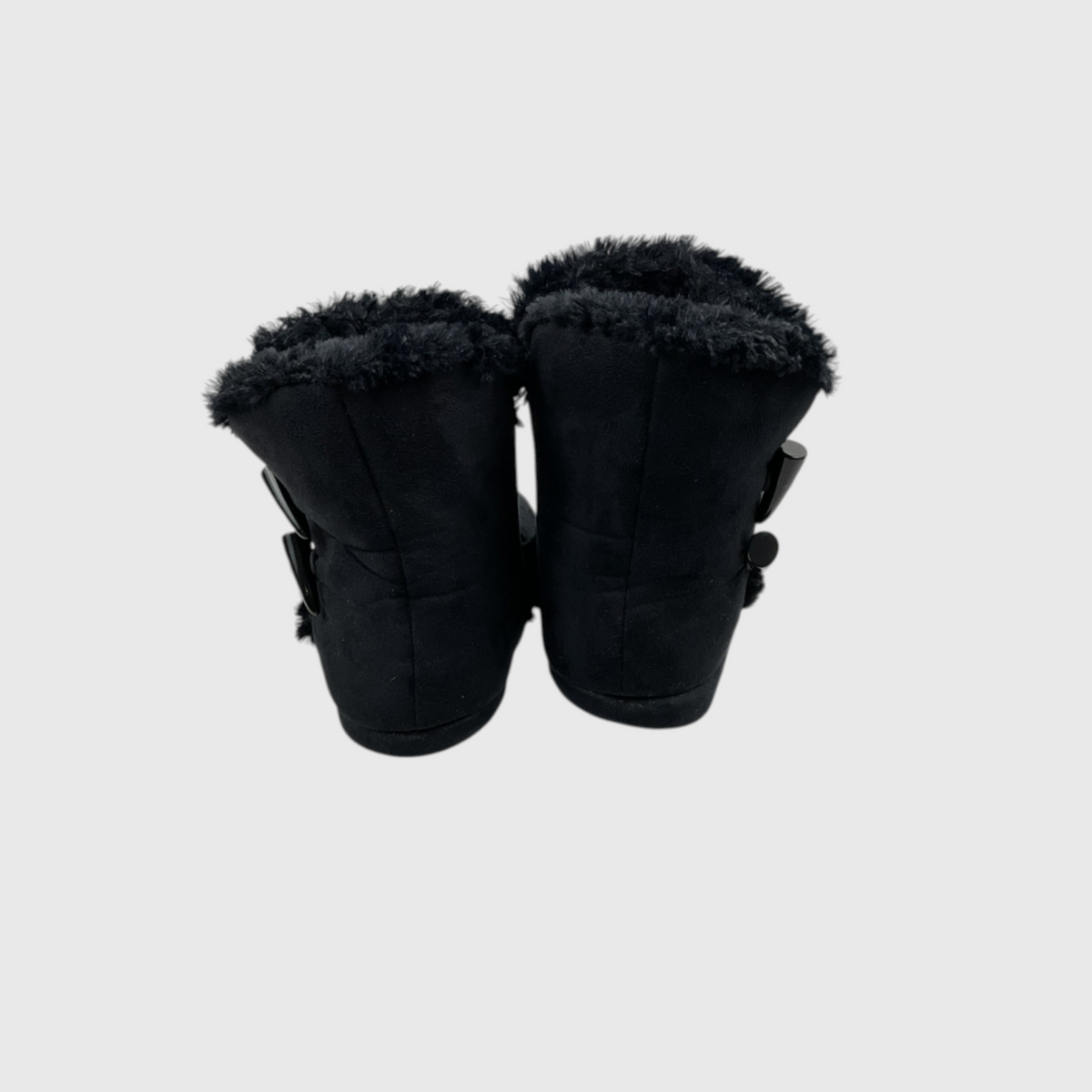A pair of black shearling-lined ankle boots with buckle straps, shown from the back against a light gray background.