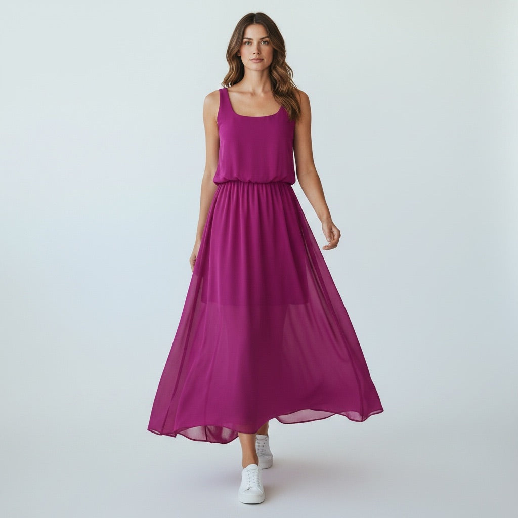 Woman wearing a magenta dress on a white background