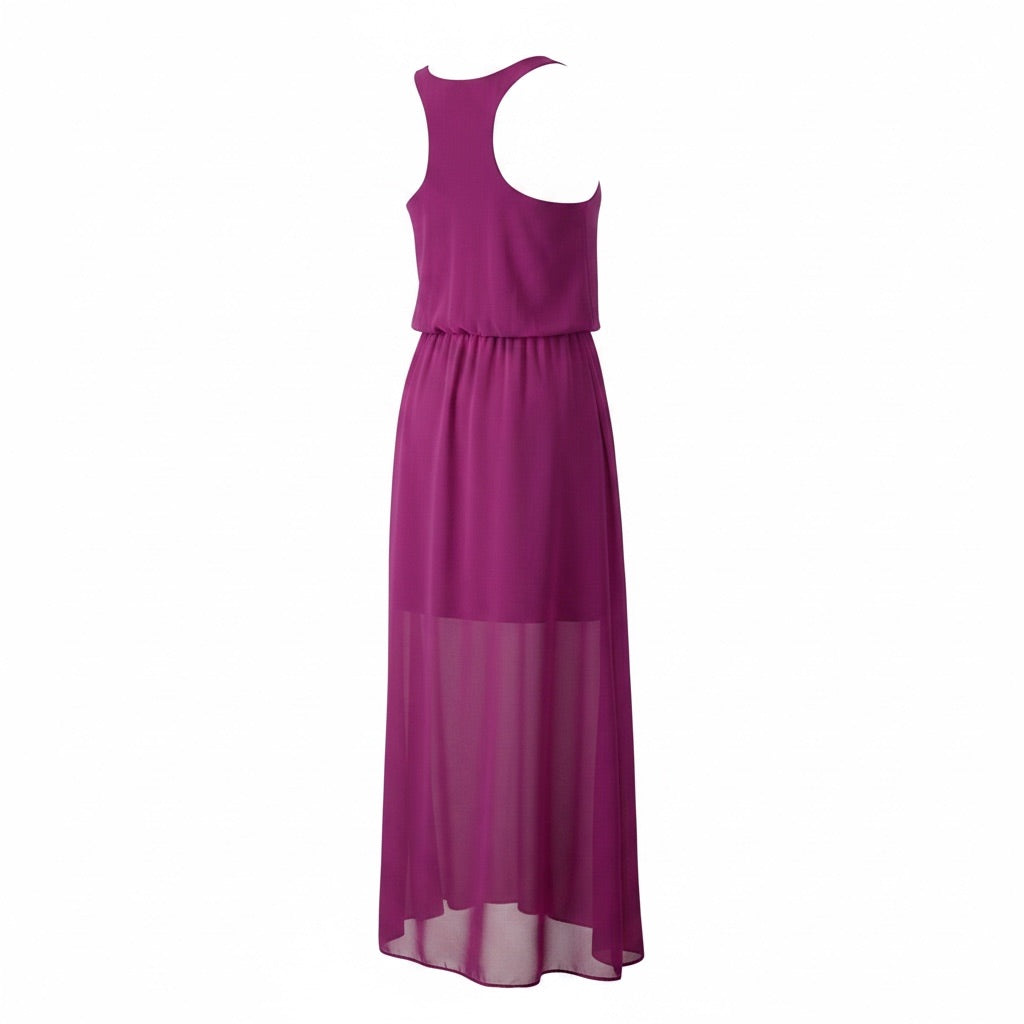 Purple dress with sheer overlay on a white background